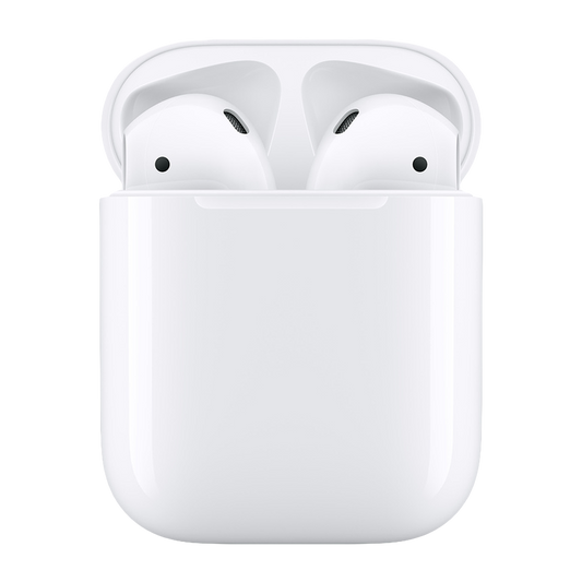 Image of Apple AirPods (2nd generation), showcasing their wireless earbud design and compact charging case. The AirPods are shown against a white background, highlighting their sleek appearance and magnetic charging contacts on the case