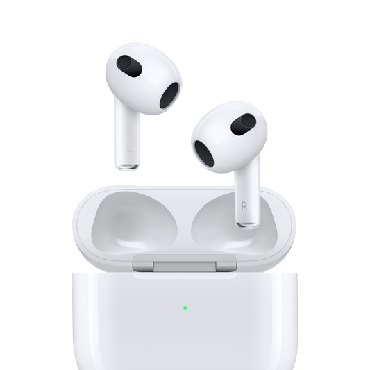 Image of Apple AirPods (3rd generation) with Lightning Charging Case, showcasing their wireless earbud design and compact charging case with Lightning connector. The AirPods are shown against a white background, highlighting their sleek appearance and magnetic charging contacts on the case