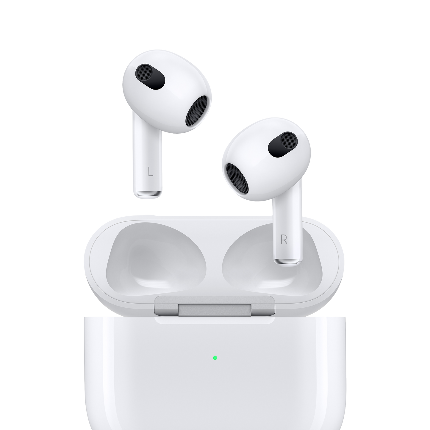 Image of Apple AirPods (3rd generation) with Lightning Charging Case, showcasing their wireless earbud design and compact charging case with Lightning connector. The AirPods are shown against a white background, highlighting their sleek appearance and magnetic charging contacts on the case