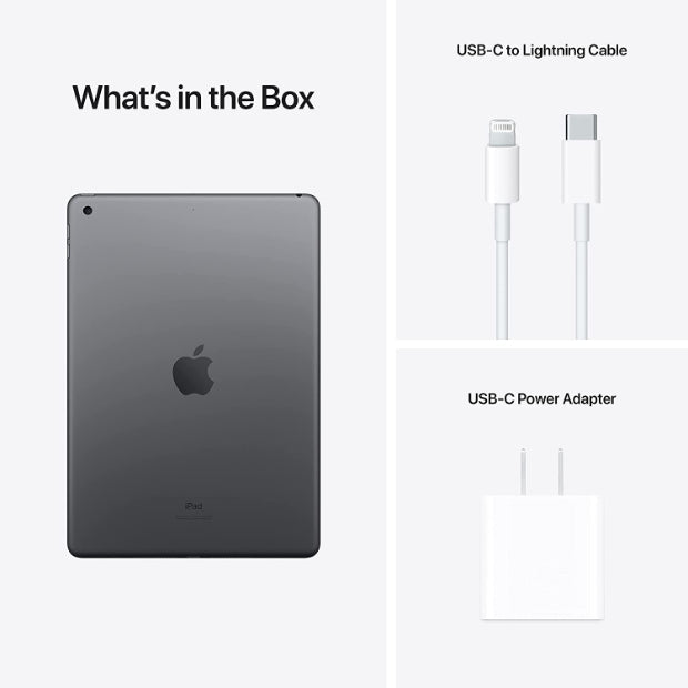 Image showcasing the contents of the iPad 9th Gen box. The box includes the iPad 9th Gen tablet, charging cable, power adapter, user manual, and additional accessories, ensuring users have everything they need to start using their new device.