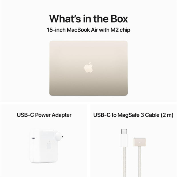 Image showcasing the contents of the Apple MacBook Air box. The box includes the MacBook Air laptop, charging cable, power adapter, user manual, and any additional accessories, ensuring users have everything they need to start using their new device.