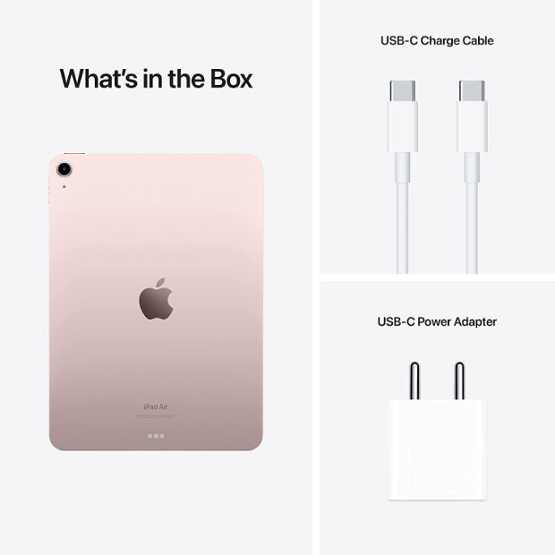 Image showcasing the contents of the Apple iPad Air box. The box includes the iPad Air tablet, charging cable, power adapter, user manual, and additional accessories, ensuring users have everything they need to start using their new device.