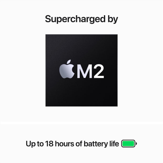 Image of the Apple MacBook Air with a battery icon showing extended battery life. The laptop is shown with a battery icon indicating long-lasting performance, with up to 15 hours of web browsing or up to 18 hours of video playback on a single charge. Illustration depicting the M2 chip, Apple's next-generation processor rumored to offer enhanced performance and efficiency compared to its predecessors.