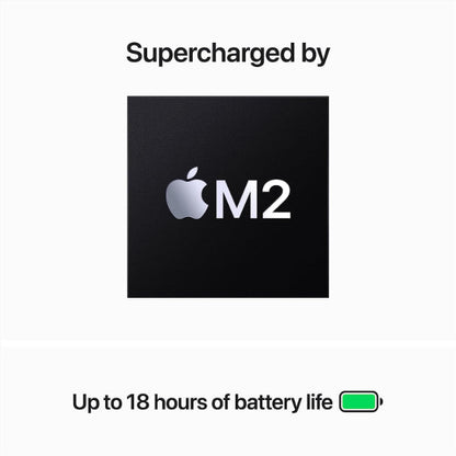 Image of the Apple MacBook Air with a battery icon showing extended battery life. The laptop is shown with a battery icon indicating long-lasting performance, with up to 15 hours of web browsing or up to 18 hours of video playback on a single charge. Illustration depicting the M2 chip, Apple's next-generation processor rumored to offer enhanced performance and efficiency compared to its predecessors. 
