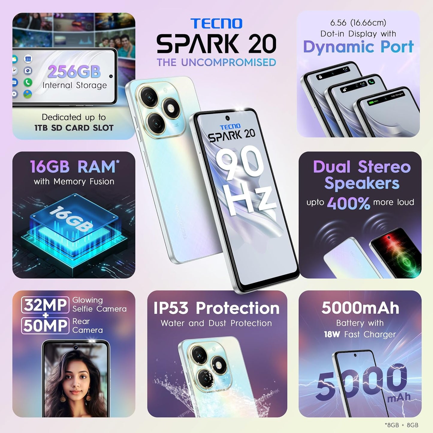 Tecno Spark 20 8GB/256GB Cyber White / Magic Skin Blue