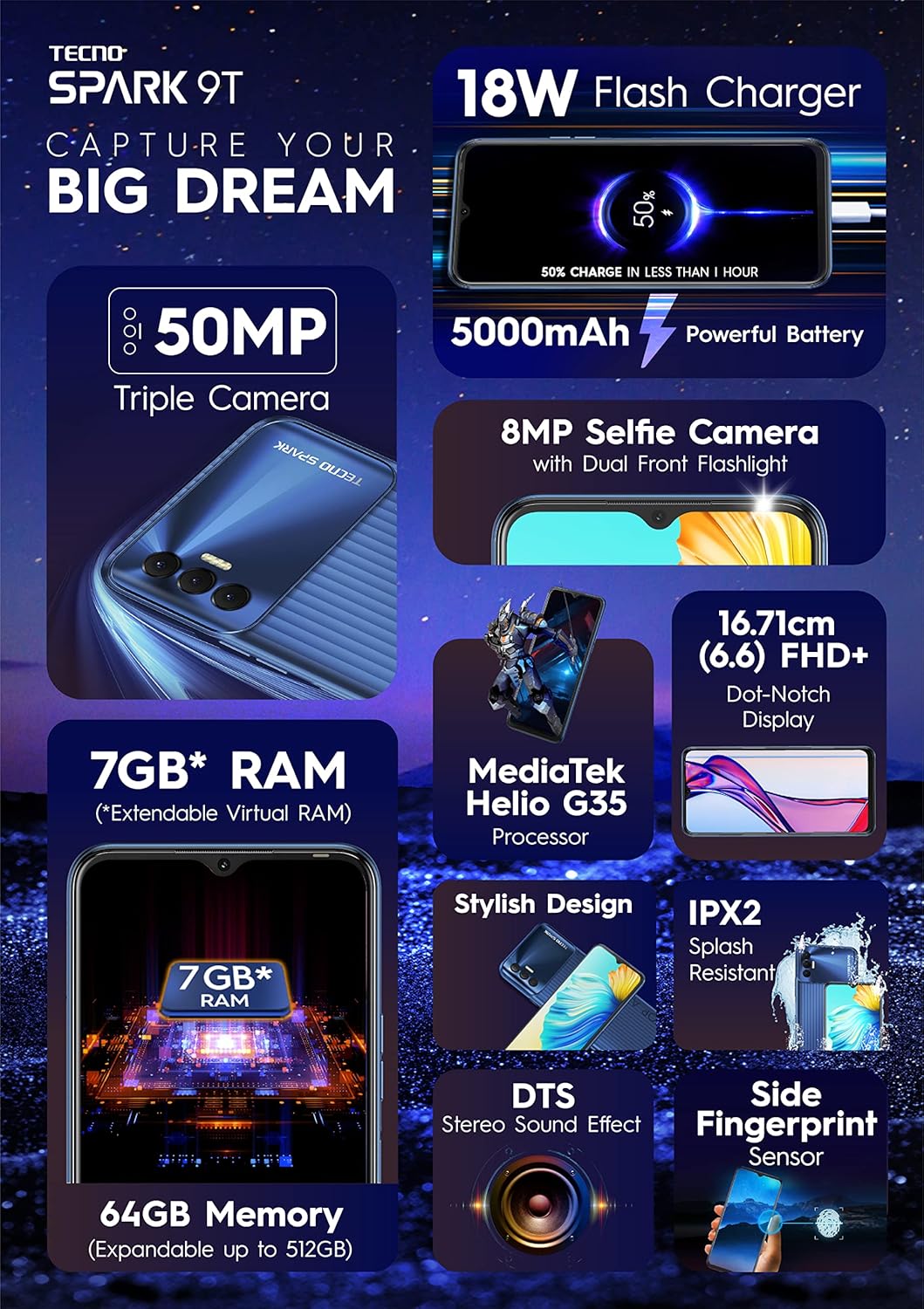 Tecno Spark 9T 4GB/64GB Atalantic Blue / Iris Purple / Turquoise Cyan / Tahiti Gold