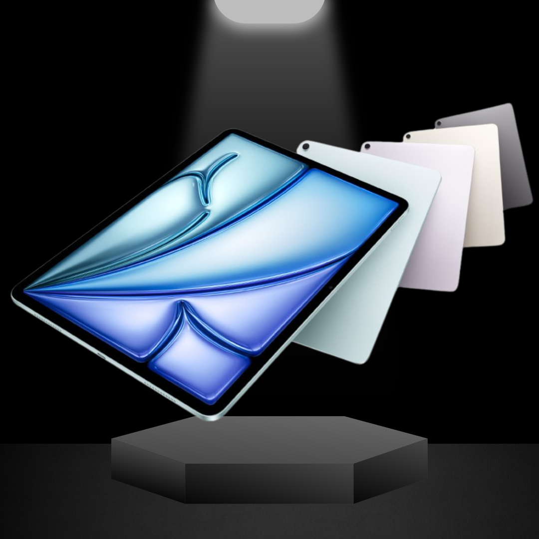 The image displays Apple's newly launched iPad Air equipped with the advanced M2 chip. The iPad Air is shown with a sleek and modern design, featuring a vibrant, high-resolution display that highlights its clarity and color accuracy. This model emphasizes Apple's commitment to combining cutting-edge technology with elegant aesthetics via iCrescent Apple store in Chandigarh