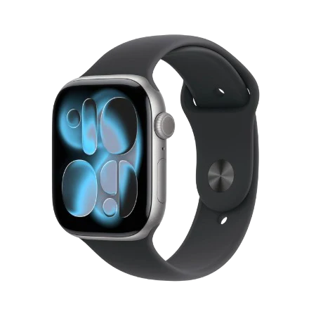 Apple Watch Series 11 GPS 46mm Jet Black Aluminium / Space Grey / Rose Gold Aluminium/Light Blush / Silver Aluminium/Purple Fog Case with Black Sport Band - S/M & M/L