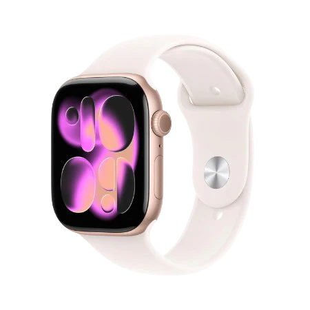 Apple Watch Series 11 GPS 46mm Jet Black Aluminium / Space Grey / Rose Gold Aluminium/Light Blush / Silver Aluminium/Purple Fog Case with Black Sport Band - S/M & M/L