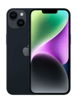 Close-up image of the iPhone 14 in vibrant Black color, highlighting its sleek design and premium finish. The phone is displayed at an angle, showcasing its glossy exterior and the iconic Apple logo on the back