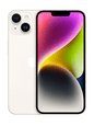 Close-up image of the iPhone 14 in elegant white color, highlighting its smooth and stylish design. The phone is displayed at an angle, showcasing its glossy finish and the signature Apple logo on the back.