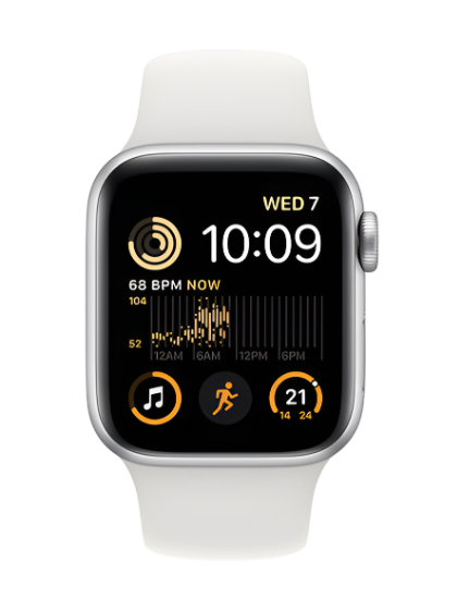 Front view image of the Apple Watch SE, highlighting its key features. The watch face displays customizable complications, providing easy access to essential information such as time, date, and activity tracking. The sleek design of the watch is showcased, with the iconic Apple logo visible on the display.