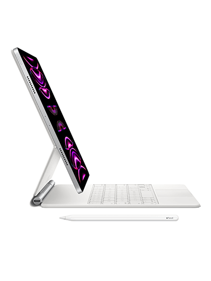 Image of the iPad Pro accessories, including the Magic Keyboard and Apple Pencil. The Magic Keyboard is shown with its sleek design and built-in trackpad, offering a comfortable typing experience and precise navigation. The Apple Pencil is displayed with its precise tip, perfect for sketching, note-taking, and other creative tasks on the iPad's screen.