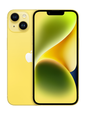 Close-up image of the iPhone 14 in elegant Yellow color, highlighting its smooth and stylish design. The phone is displayed at an angle, showcasing its glossy finish and the signature Apple logo on the back.