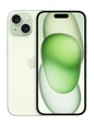 Close-up image of the iPhone 15 in elegant Green color, showcasing its sleek design and vibrant hue. The phone is displayed at an angle, highlighting its glossy finish and the iconic Apple logo on the back.