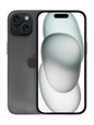 Close-up image of the iPhone 15 in sleek Black color, showcasing its elegant design and modern finish. The phone is displayed at an angle, highlighting its glossy exterior and the iconic Apple logo on the back.