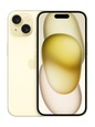 Close-up image of the iPhone 15 in bold Yellow color, showcasing its striking and vibrant appearance. The phone is displayed at an angle, highlighting its glossy finish and the iconic Apple logo on the back.