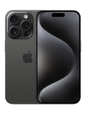 Close-up image of the iPhone 15 Pro Max in Black Titanium finish, showcasing its sleek and sophisticated design. The phone is displayed at an angle, highlighting its elegant matte texture and the iconic Apple logo on the back.