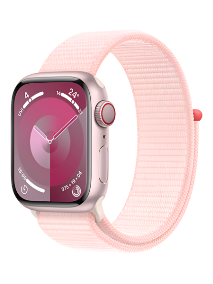 Front view image of the Apple Watch Series 9, showcasing its sleek design and vibrant display. The watch face displays customizable complications, providing easy access to essential information such as time, date, and activity tracking. The iconic Apple logo is visible on the display, emphasizing the brand identity.