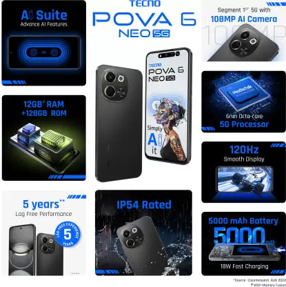 Tecno Pova 6 neo 5G 6GB/128GB Midnight Shadow / Aurora Cloud / Azure Sky