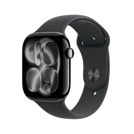 Apple Watch Series 11 GPS 46mm Jet Black Aluminium / Space Grey / Rose Gold Aluminium/Light Blush / Silver Aluminium/Purple Fog Case with Black Sport Band - S/M & M/L